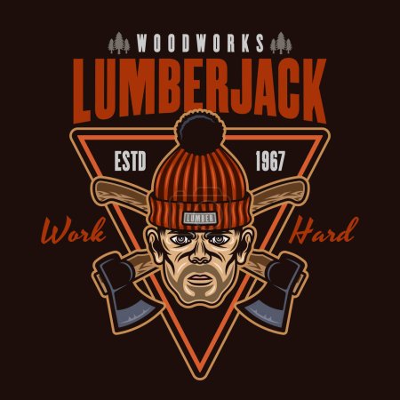 Illustration for Lumberjack head in knitted hat and crossed axes vector emblem in colorful style on dark background - Royalty Free Image