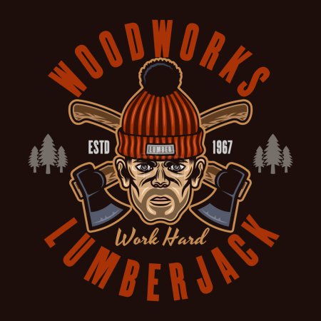 Illustration for Lumberjack head in knitted hat and crossed axes vector emblem in colorful style on dark background - Royalty Free Image