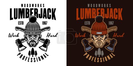 Illustration for Lumberjack head in knitted hat and crossed axes vector emblem in two styles black on white and colored - Royalty Free Image