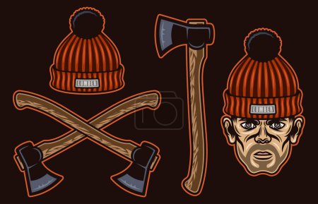 Illustration for Lumberjack set of vector objects or design elements in colorful style on dark background - Royalty Free Image