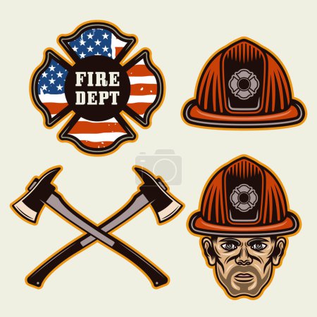 Illustration for Firefighter objects set of vector elements in colored style isolated on light background - Royalty Free Image