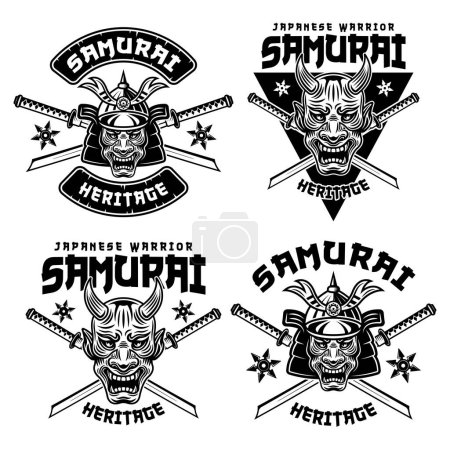 Ilustración de Samurai vector emblemas monocromáticos, insignias, etiquetas, logotipos aislados en blanco - Imagen libre de derechos