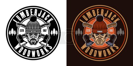 Illustration for Lumberjack head in knitted hat and crossed axes vector round emblem in two styles black on white and colored - Royalty Free Image