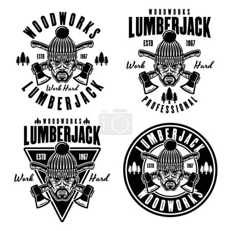 Illustration for Lumberjack head in knitted hat and crossed axes set of vector emblems in vintage monochrome style isolated on white - Royalty Free Image