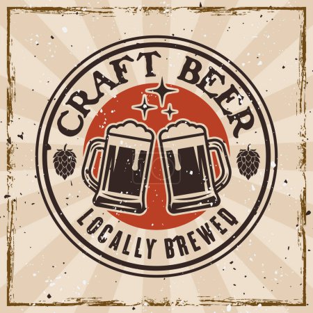 Ilustración de Emblema redondo de color cerveza, insignia, etiqueta o logotipo en el fondo con texturas en capas separadas - Imagen libre de derechos