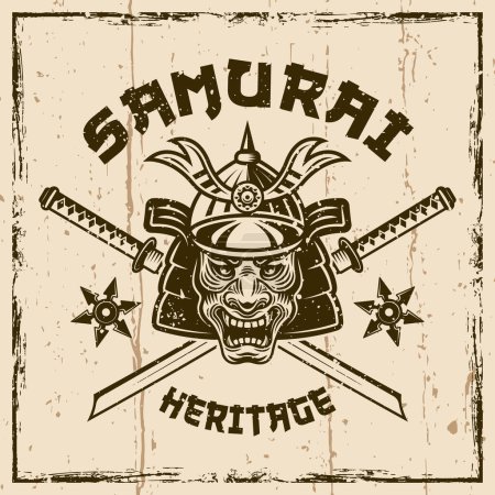 Téléchargez les illustrations : Samouraï vecteur vintage emblème, insigne, étiquette, logo sur fond avec des textures amovibles - en licence libre de droit
