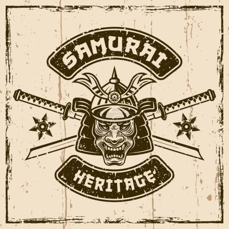 Illustration for Samurai vector vintage emblem, badge, label, logo on background with removable textures - Royalty Free Image