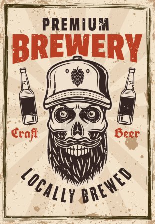Illustration for Brewery vector poster in vintage style with skull in cap. Illustration on background with textures on separate layers - Royalty Free Image