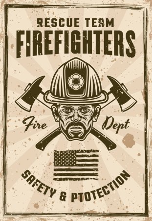 Téléchargez les illustrations : Affiche pompiers de style vintage coloré. Illustration vectorielle avec textures et texte sur calques séparés - en licence libre de droit