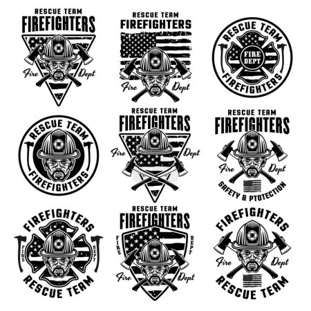 Téléchargez les illustrations : Ensemble de pompiers d'emblèmes vectoriels, logos, insignes ou étiquettes illustration de conception dans un style monochrome isolé sur blanc - en licence libre de droit