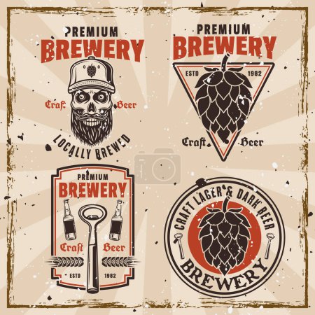 Illustration for Brewery set of colored retro emblems, badges, labels or logos on background with textures on separate layers - Royalty Free Image