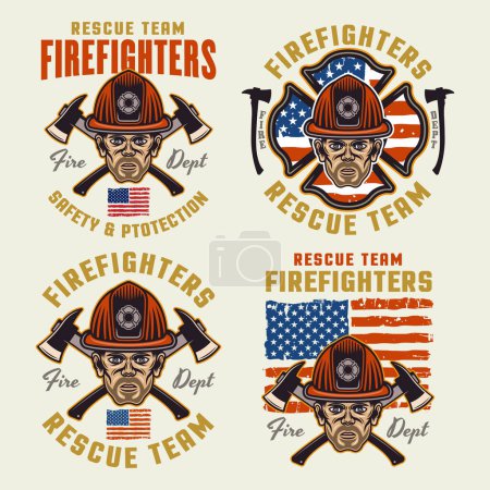 Téléchargez les illustrations : Ensemble de pompiers d'emblèmes vectoriels, logos, badges ou étiquettes illustration de conception dans un style coloré sur fond clair - en licence libre de droit