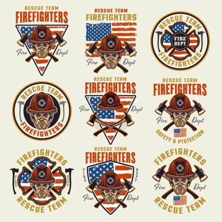 Téléchargez les illustrations : Ensemble de pompiers d'emblèmes vectoriels, logos, badges ou étiquettes illustration de conception dans un style coloré sur fond clair - en licence libre de droit