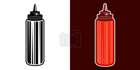 Téléchargez les illustrations : Bouteille de ketchup objet graphique vectoriel ou élément de design en deux styles noir sur blanc et coloré - en licence libre de droit