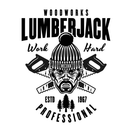Illustration for Lumberjack head in knitted hat and crossed saws vector emblem in vintage monochrome style isolated on white - Royalty Free Image
