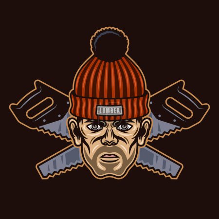 Illustration for Lumberjack head in knitted hat with bristle and two crossed saws. Vector character illustration in colorful style on dark background - Royalty Free Image