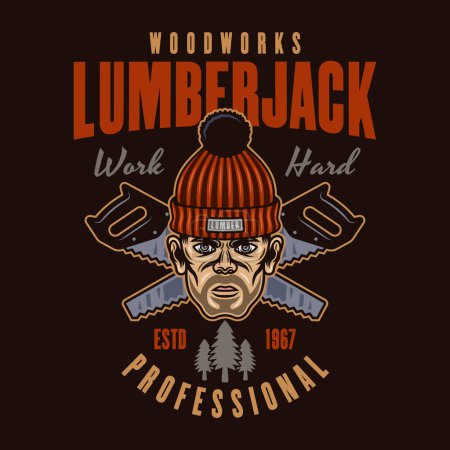 Illustration for Lumberjack head in knitted hat and crossed saws vector emblem in colorful style on dark background - Royalty Free Image