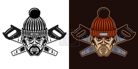 Illustration for Lumberjack head in knitted hat with bristle and crossed saws. Two styles black on white and colored on dark background vector illustration - Royalty Free Image