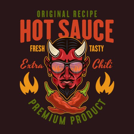 Ilustración de Emblema de vector de salsa caliente, etiqueta, insignia con cabeza de diablo en estilo colorido sobre fondo oscuro - Imagen libre de derechos
