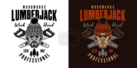 Illustration for Lumberjack head in knitted hat and crossed saws vector emblem in two styles black on white and colored - Royalty Free Image