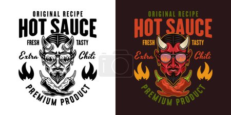Ilustración de Emblema de vector de salsa picante, etiqueta, insignia con ilustración de la cabeza del diablo en dos estilos negro sobre blanco y color - Imagen libre de derechos