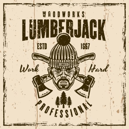 Illustration for Lumberjack vector vintage emblem, label, badge or print on background with removable textures on separate layers - Royalty Free Image