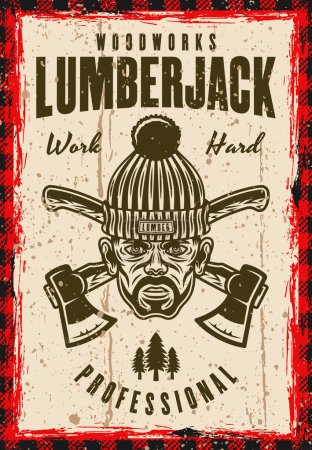 Illustration for Lumberjack vector poster in vintage style with man head in knitted hat and crossed axes. Layered, separate grunge texture and text - Royalty Free Image