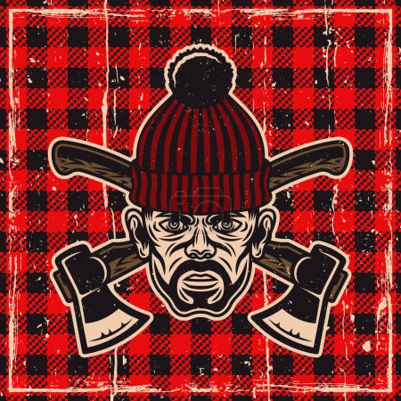 Illustration for Lumberjack head in knitted hat vector colored illustration on checkered plaid background with removable textures - Royalty Free Image