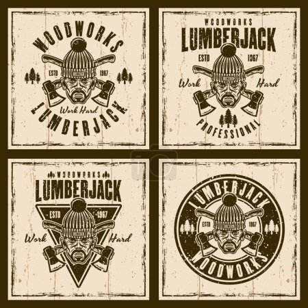 Illustration for Lumberjack set of vector vintage emblems, labels, badges or prints on background with textures - Royalty Free Image