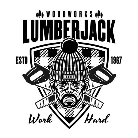 Illustration for Lumberjack head in knitted hat and saw vector emblem in vintage monochrome style isolated on white - Royalty Free Image