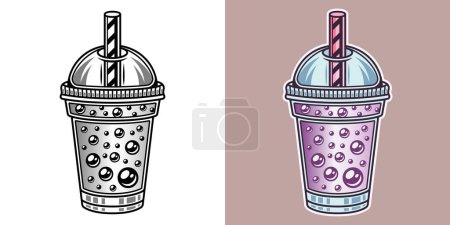 Illustration for Bubble tea cup set of vector illustration in two styles black on white and colored on light brown background - Royalty Free Image