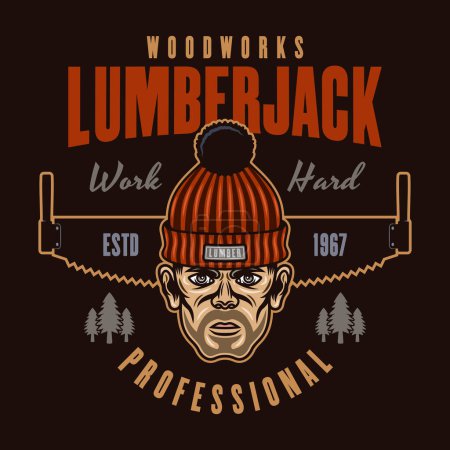 Illustration for Lumberjack head in knitted hat and saw vector emblem in colorful style on dark background - Royalty Free Image