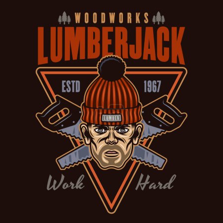Illustration for Lumberjack head in knitted hat and saw vector emblem in colorful style on dark background - Royalty Free Image