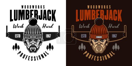 Illustration for Lumberjack head in knitted hat and saw vector emblem in two styles black on white and colored - Royalty Free Image