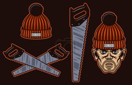 Illustration for Lumberjack set of vector objects or design elements in colorful style on dark background - Royalty Free Image