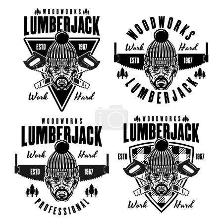 Illustration for Lumberjack head in knitted hat set of vector emblems in vintage monochrome style isolated on white - Royalty Free Image