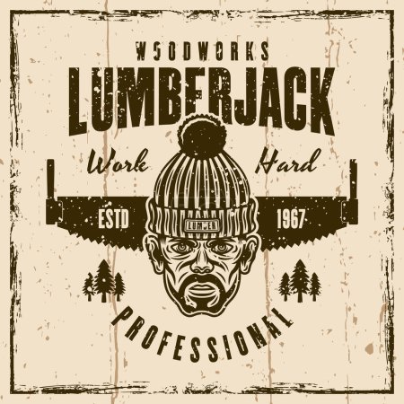 Illustration for Lumberjack and woodworks vector vintage emblem, label, badge or print on background with removable textures on separate layers - Royalty Free Image