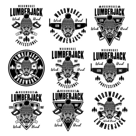Illustration for Lumberjack head in knitted hat set of vector emblems in vintage monochrome style isolated on white background - Royalty Free Image