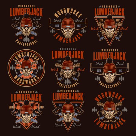 Illustration for Lumberjack head in knitted hat set of vector emblems in colorful style on dark background - Royalty Free Image
