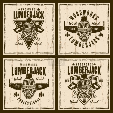 Illustration for Lumberjack set of vector vintage emblems, labels, badges or prints on background with textures - Royalty Free Image