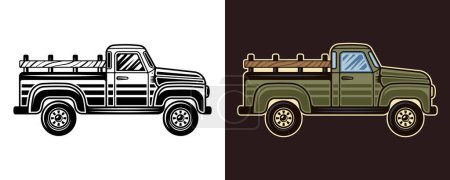 Ilustración de Granjero pickup coche vector objeto o elemento gráfico en dos estilos negro sobre blanco y colorido - Imagen libre de derechos