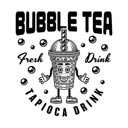 Illustration for Bubble tea cup cartoon character vector emblem in black style isolated on white - Royalty Free Image