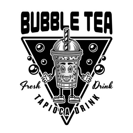 Téléchargez les illustrations : Bubble thé tasse dessin animé personnage vecteur emblème dans le style noir isolé sur blanc - en licence libre de droit