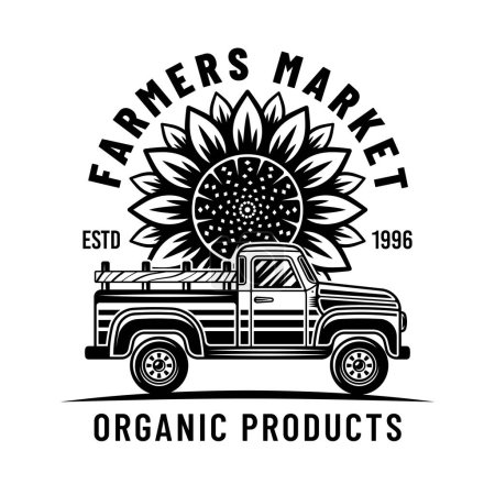 Téléchargez les illustrations : Marché fermier vecteur emblème, insigne, étiquette avec pick-up et tournesol dans le style noir isolé sur blanc - en licence libre de droit