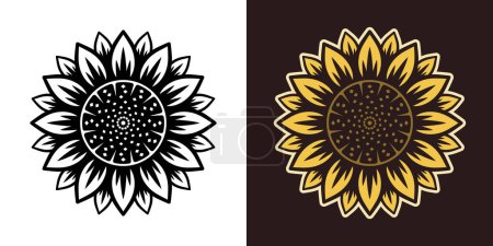 Ilustración de Objeto de vector de girasol o elemento gráfico en dos estilos negro sobre blanco y colorido - Imagen libre de derechos