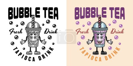 Illustration for Bubble tea cup cartoon character vector emblem in two styles black on white and colorful - Royalty Free Image