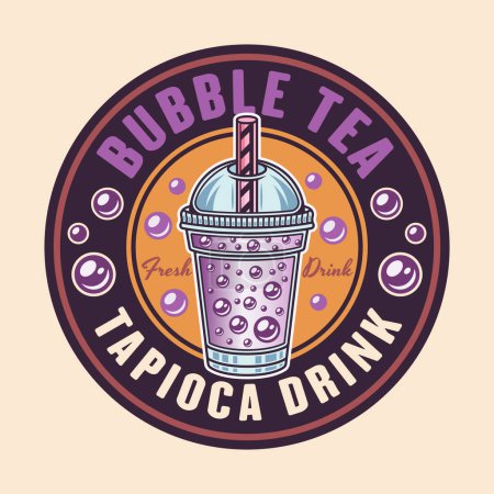 Téléchargez les illustrations : Bubble thé tasse vecteur emblème dans un style coloré sur fond clair - en licence libre de droit