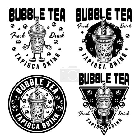 Illustration for Bubble tea cup set of vector emblems, badges, labels or prints in black style isolated on white - Royalty Free Image