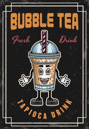 Ilustración de Burbuja taza de té personaje de dibujos animados tapioca bebida vintage color cartel vector ilustración. Capas, textura y texto separados - Imagen libre de derechos