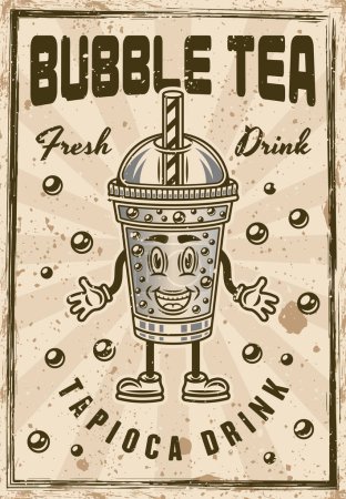 Illustration for Bubble tea cup cartoon character tapioca drink poster in vintage colored style. Vector illustration with textures and text on separate layers - Royalty Free Image